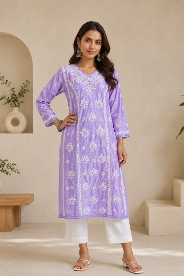 Chanderi Kurti with Lace Detailing