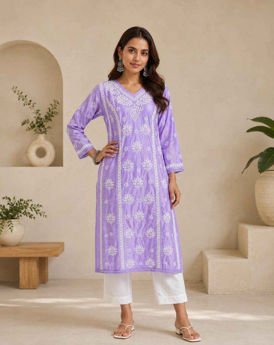 Chanderi Kurti with Lace Detailing