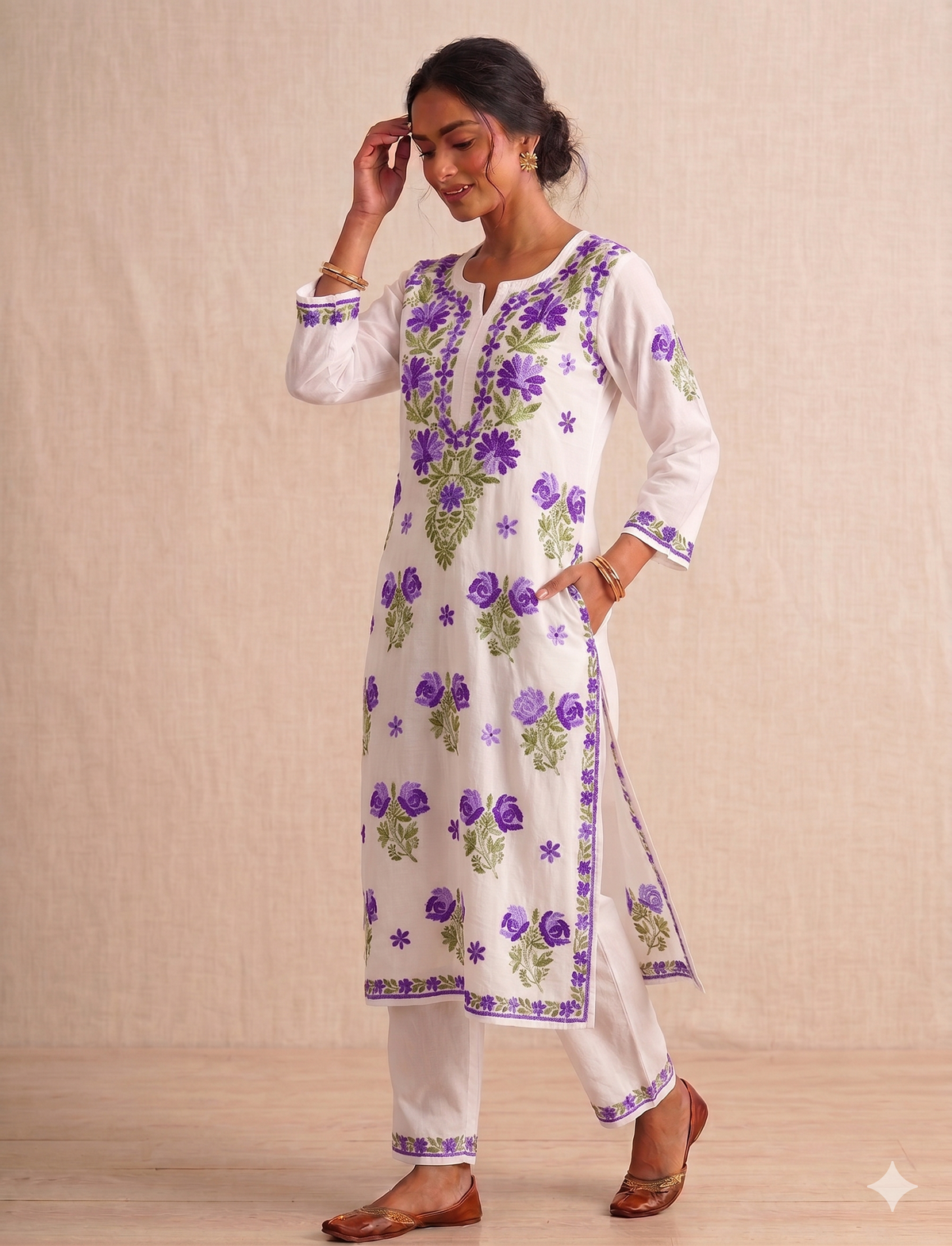 Rayon Rose Kurti | White