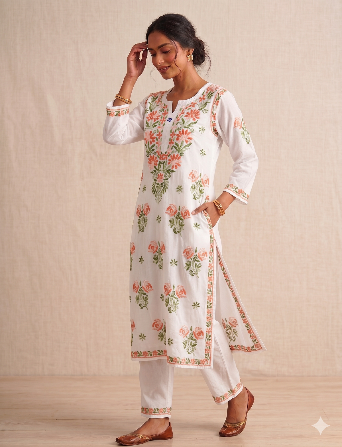 Rayon Rose Kurti | White