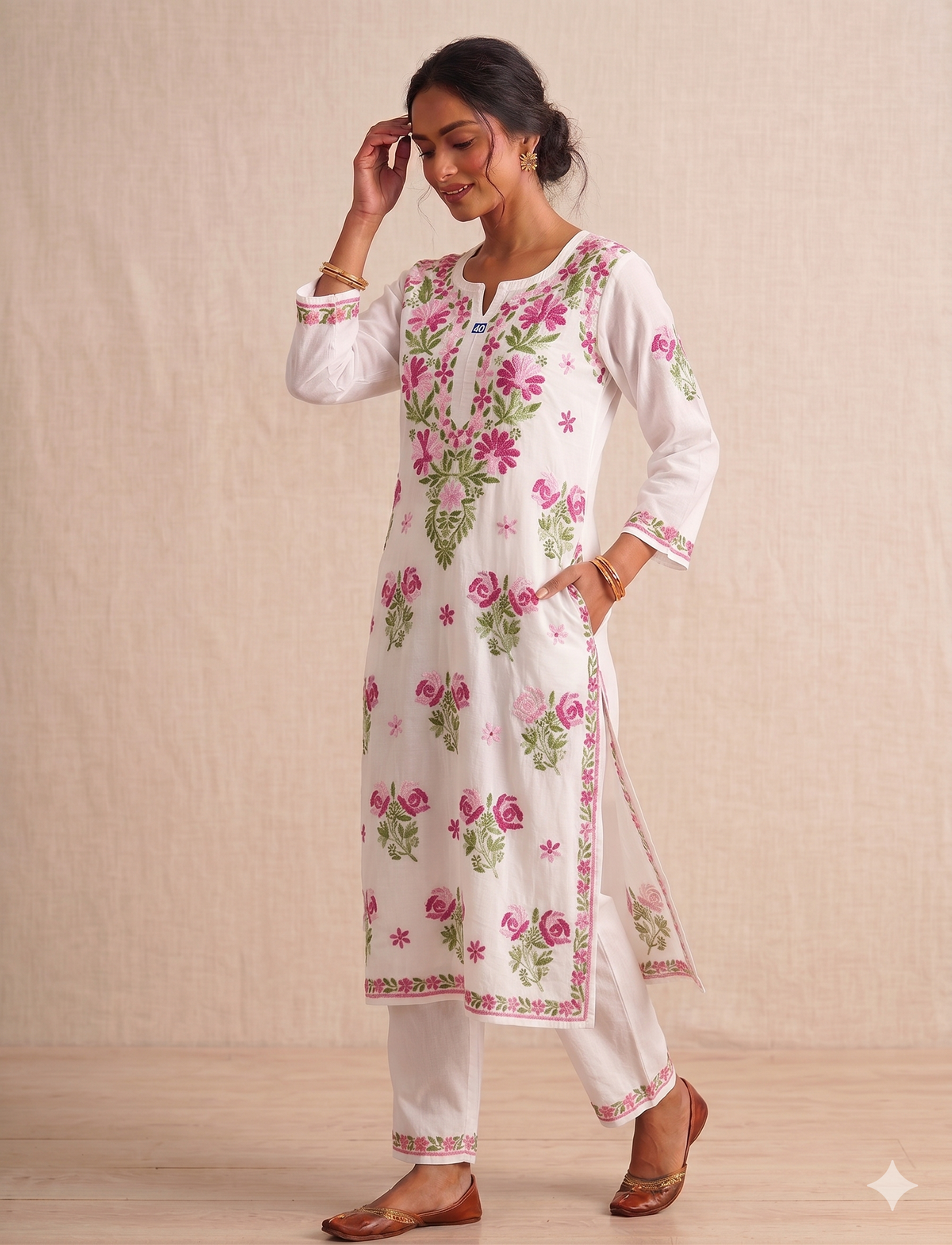Rayon Rose Kurti | White